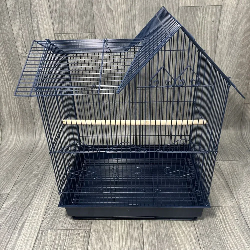 You & Me Parakeet Ranch House Bird Cage, Navy With Wooden Rod And Pullout Tray
